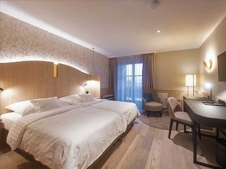 Ein modernes Hotelzimmer mit moderner Ausstattung und großen Doppelbett im Hotel Zur Waldbahn