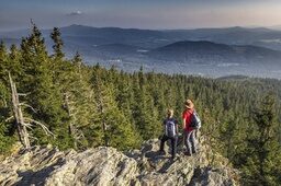 Zwei Wanderer genießen vom Falkenstein Gipfel die unvergleichliche Aussicht auf den grünen Bayerischen Wald.