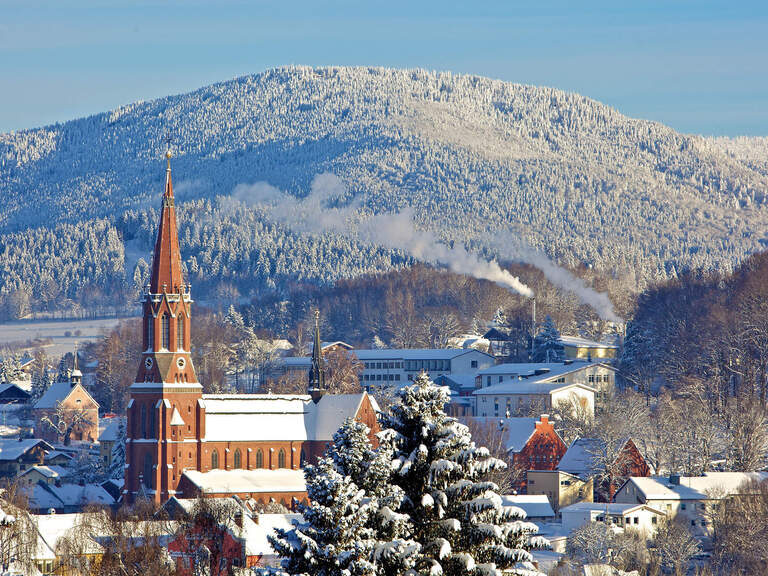 Zwiesel: Eine frierende Winterlandschaft mit imposanten Bergformen im Hintergrund.